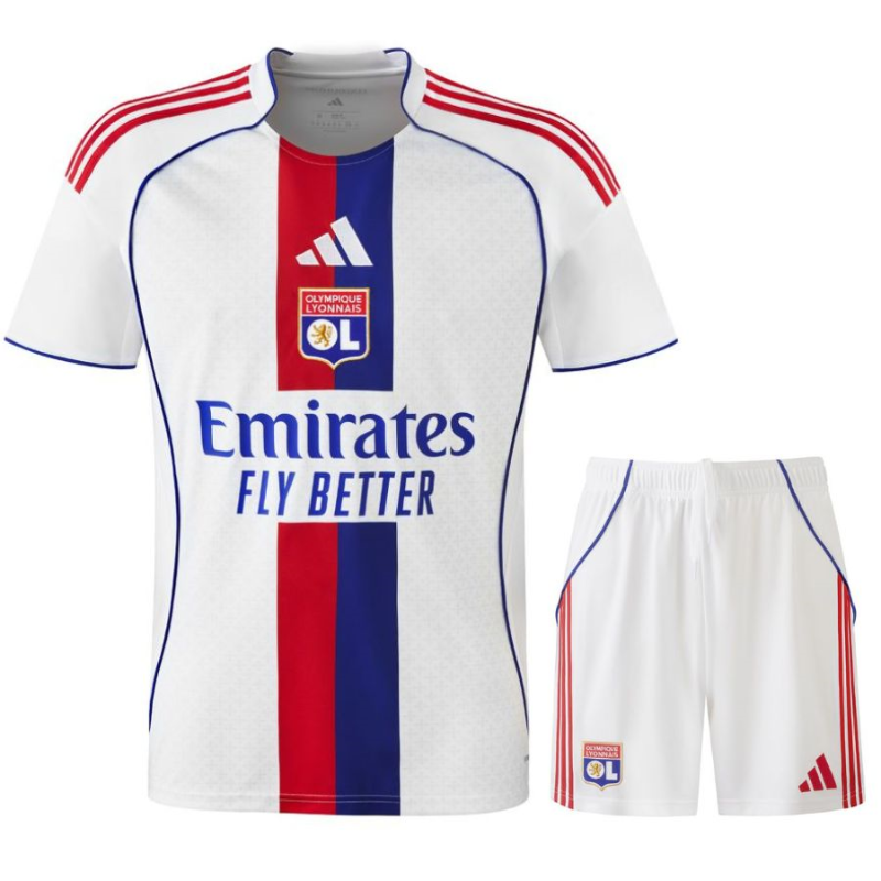 Completo Ufficiale OL Lione 2025-2026 Bambini – Maglia Casa Bianca con Dettagli Blu e Ross